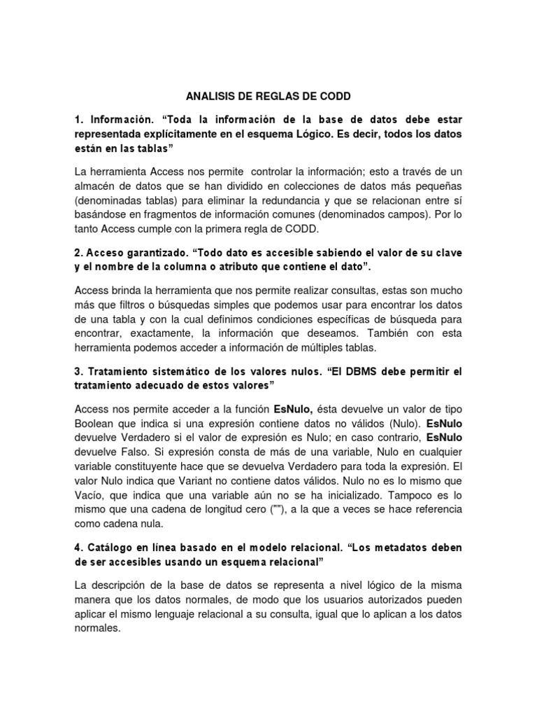 Analisis de Reglas de Codd | PDF | Modelo relacional | Bases de datos