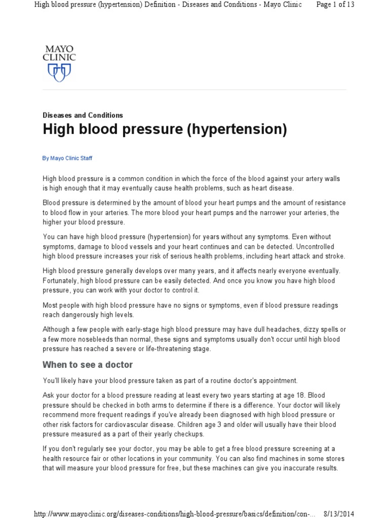 Mayo Clinic Hypertension Hypertension Blood Pressure