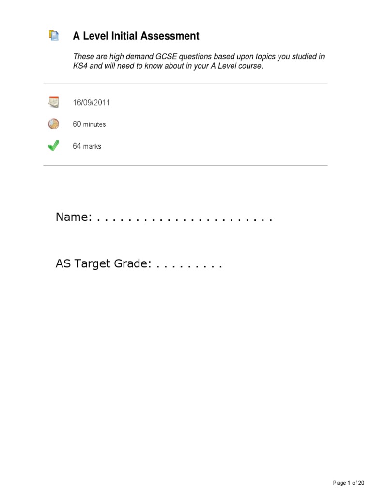 A Level Chemistry Initial Assessment | PDF | Chlorine | Fluorine