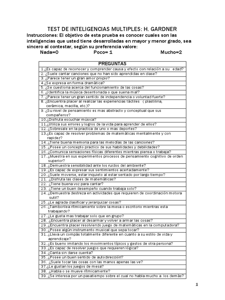 Test de Inteligencias Múltiples para Niños | PDF | Cognición ...