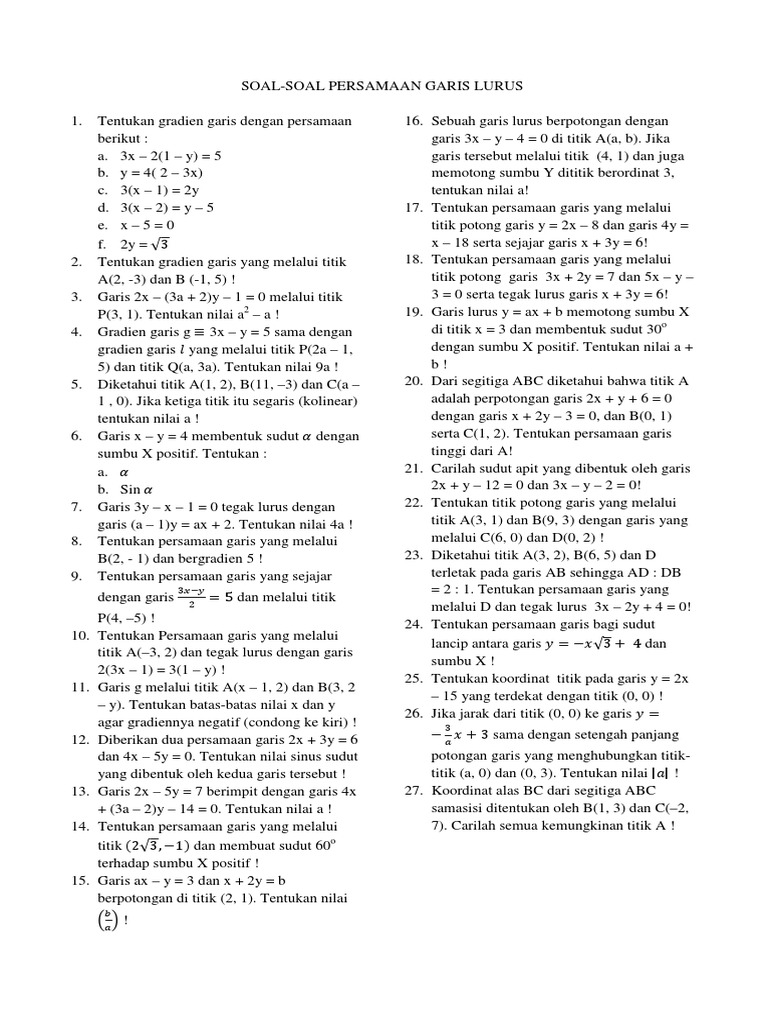 Soal Persamaan Garis Lurus Kelas 8 Guru Paud