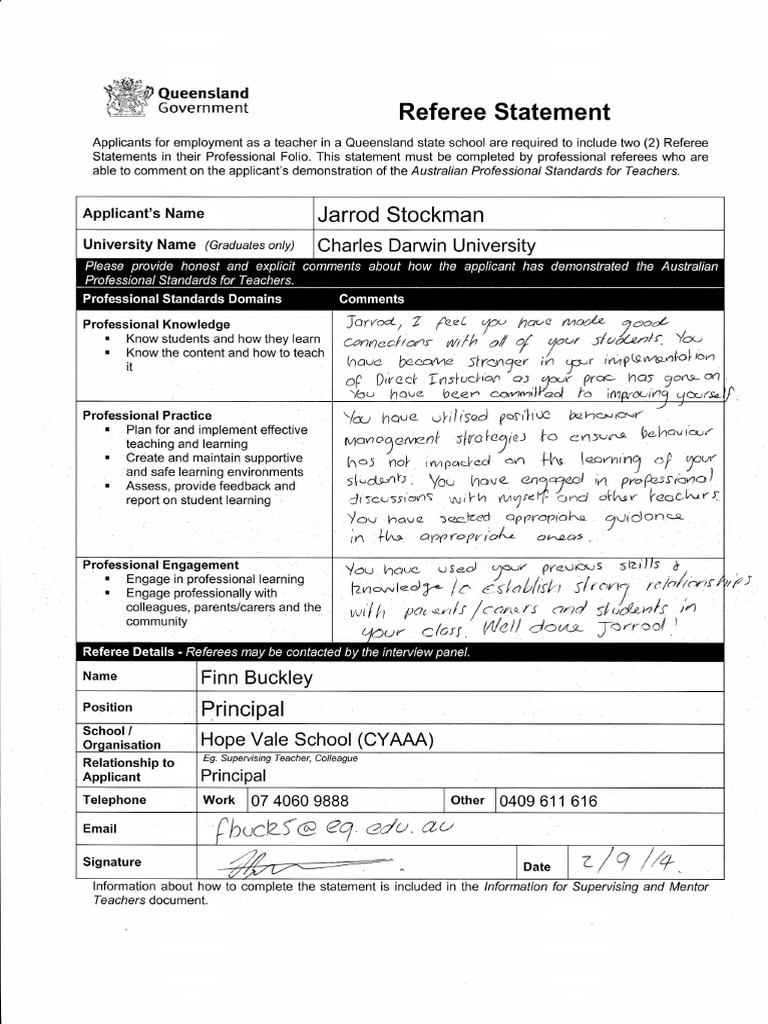 Queensland Teacher Referee Statement | PDF | Science & Mathematics
