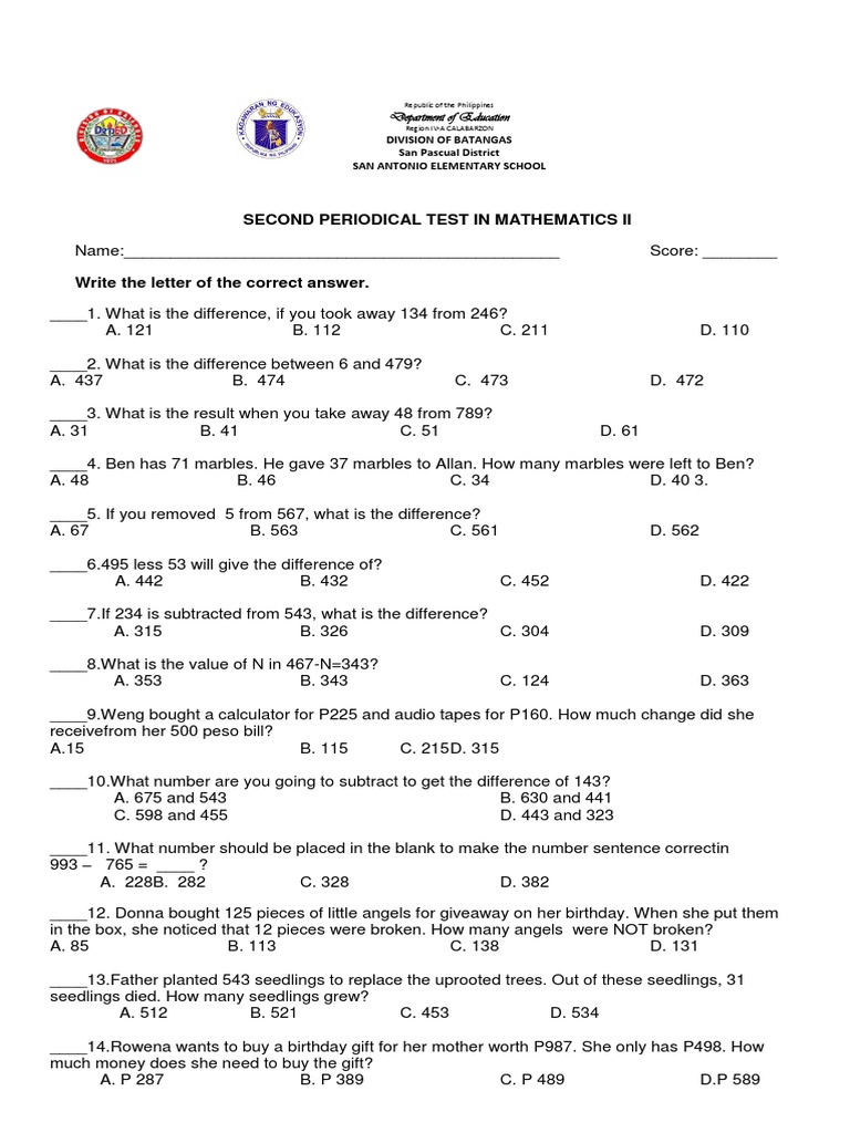 2nd Periodic Test Math Subtraction Multiplication