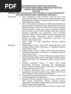 Permenperin No 42 M Ind Per 11 2005 Tahun 2005 Tentang Pengolahan Pengemasan Dan Pelabelan Garam Beryodium