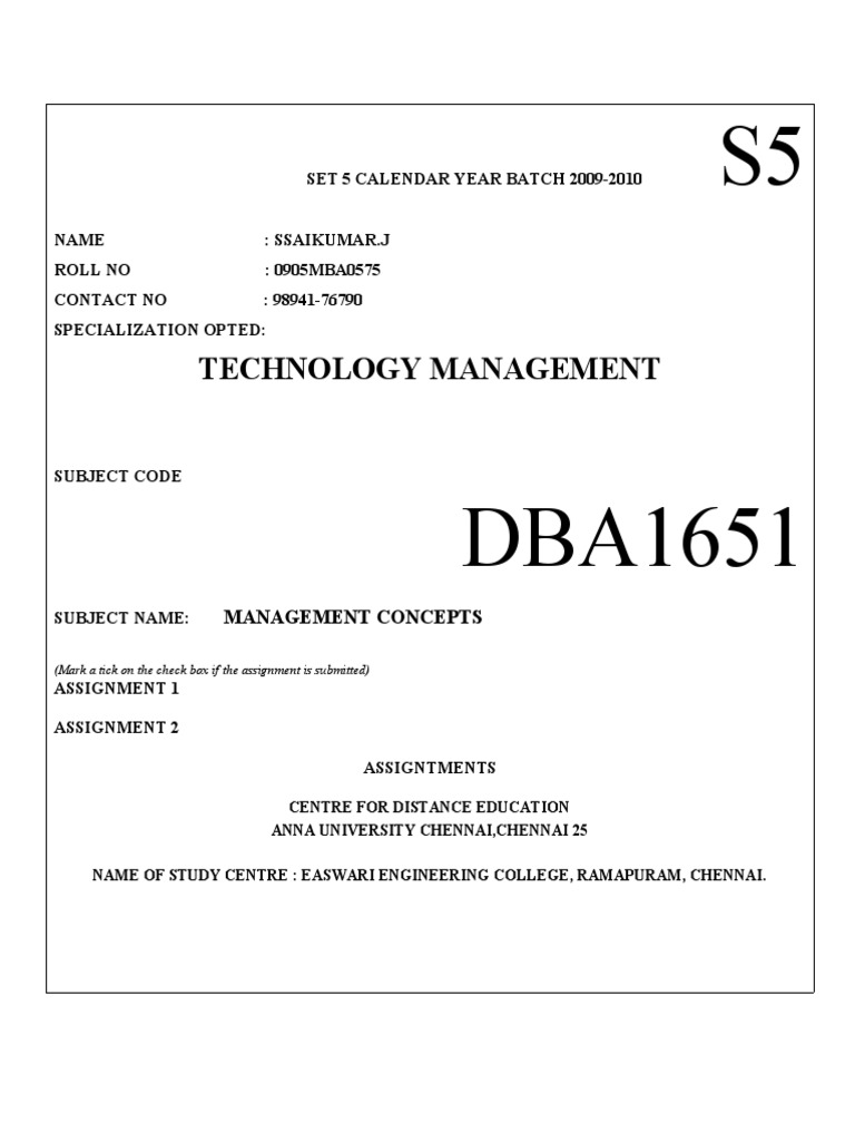 MBA Management Concepts Assignment 2009-10 | PDF