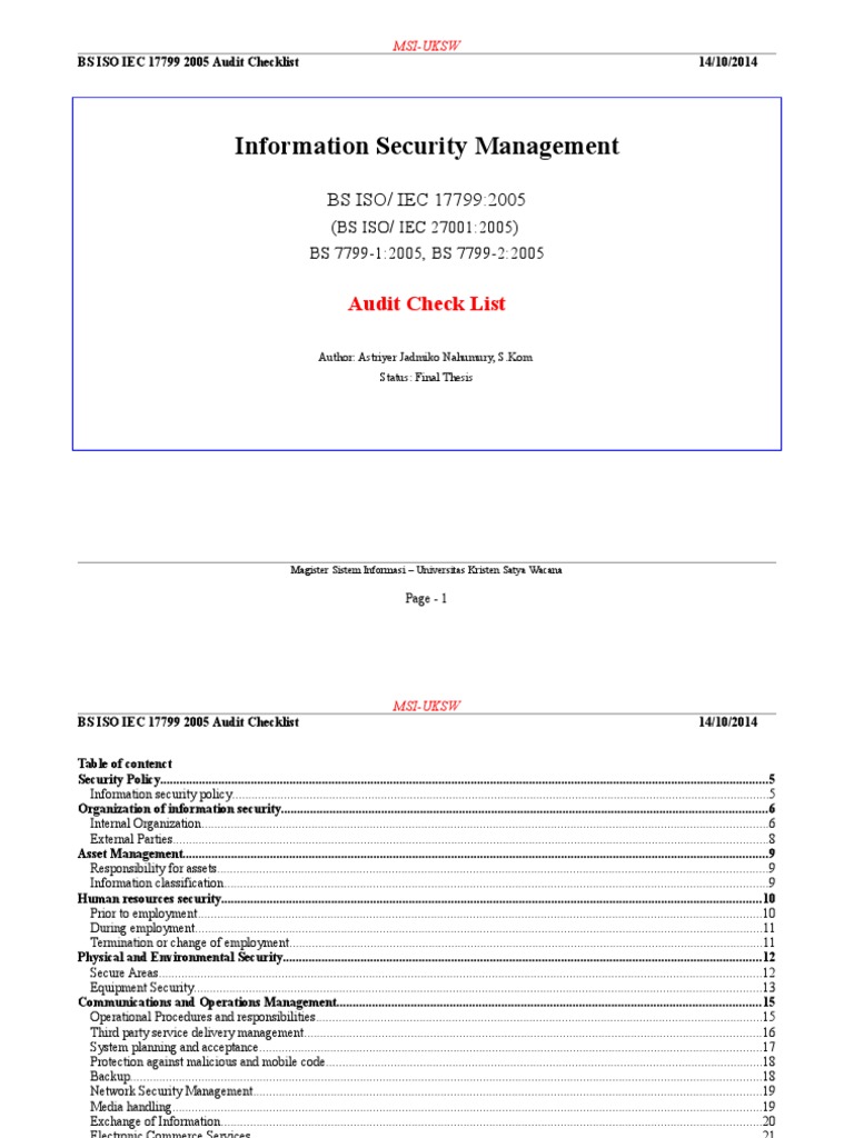 Information Security Management: Audit Check List | PDF | Information ...