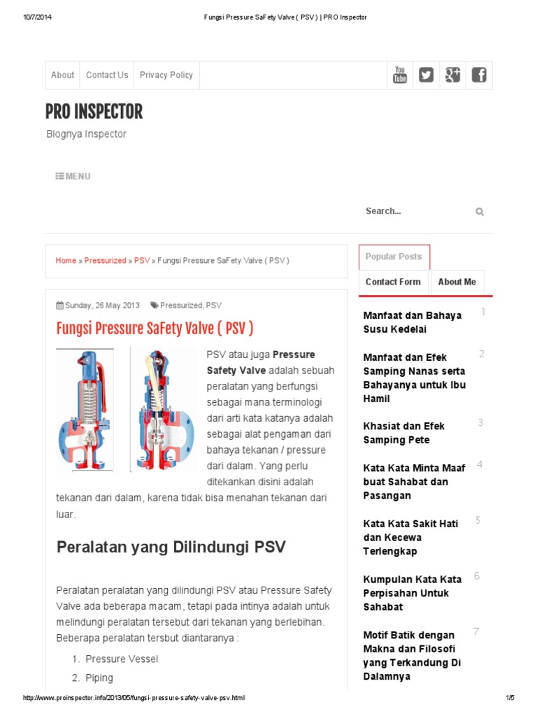 Fungsi Pressure SaFety Valve (PSV) - PRO Inspector | PDF
