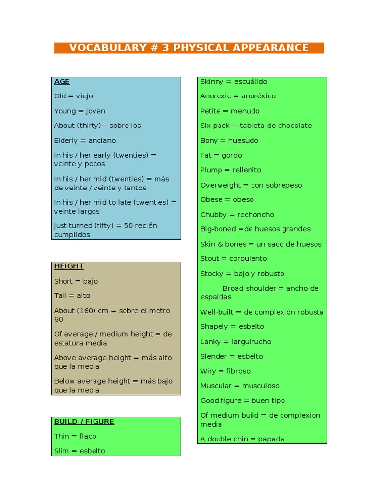 Spanish Vocabulary: Physical Appearance | PDF | Facial Features ...