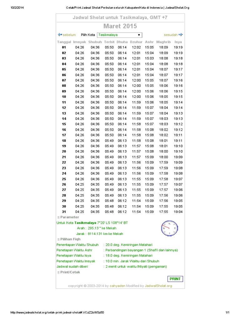 Jadwal Shalat Tasik Maret 2015