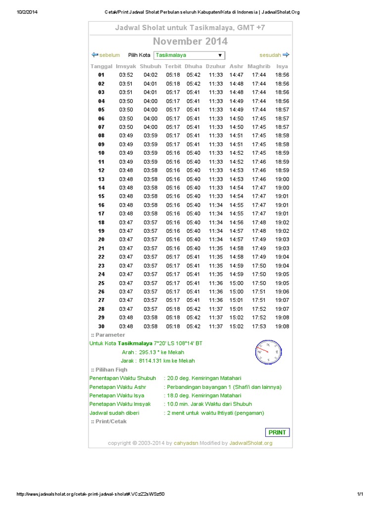 Jadwal Shalat Tasik November