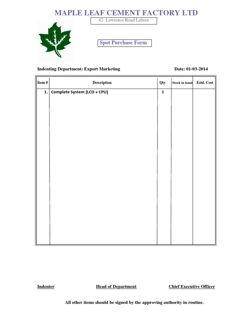 Maple Leaf Cement Factory LTD: Spot Purchase Form | PDF | Economies ...