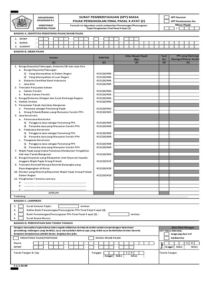 Form SPT Masa PPH Pasal 4 Ayat 2 Bukti Potong