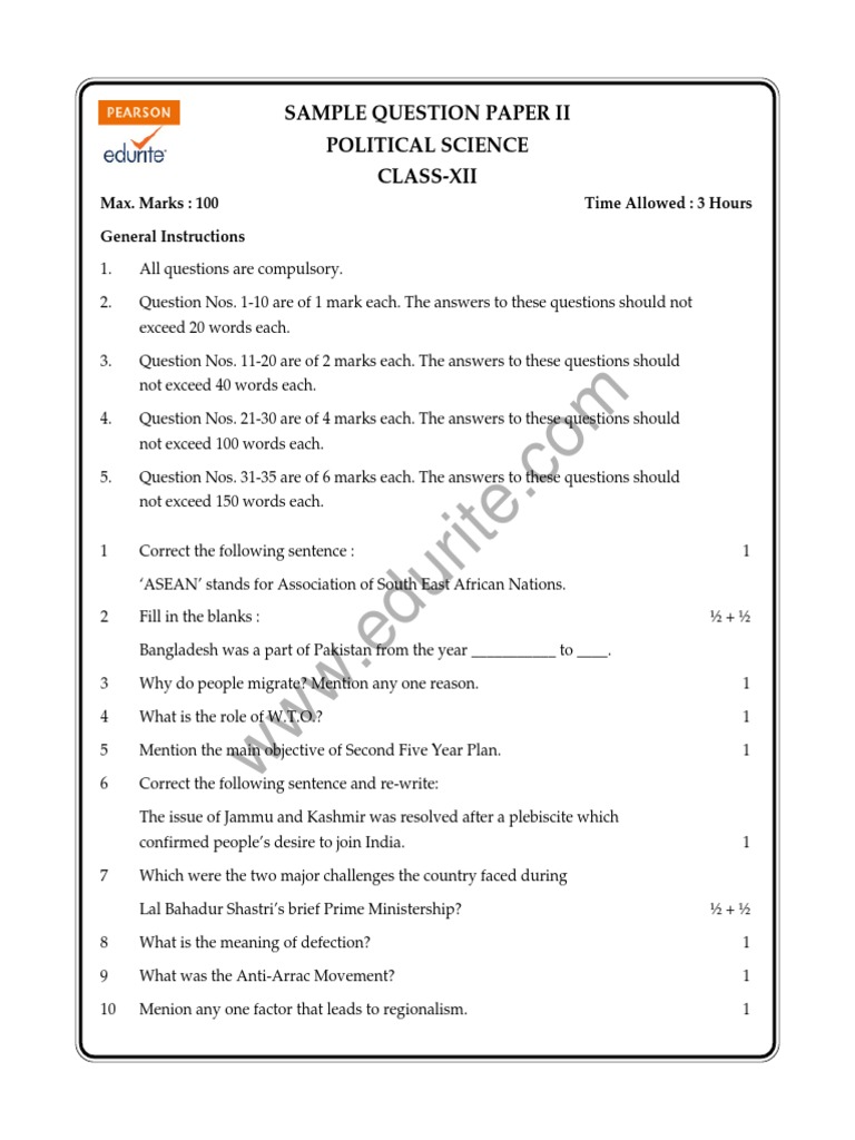 Class 12 Cbse Political Science Sample Paper | PDF | Indian National ...