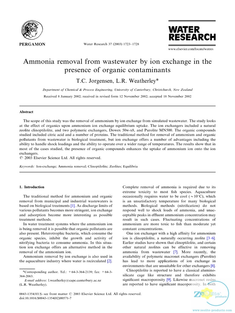 Ammonia Removal From Wastewater | PDF | Ion Exchange | Ammonium