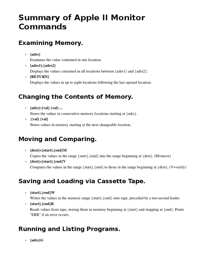 Summary of Apple II Monitor Commands | PDF | Compact Cassette ...