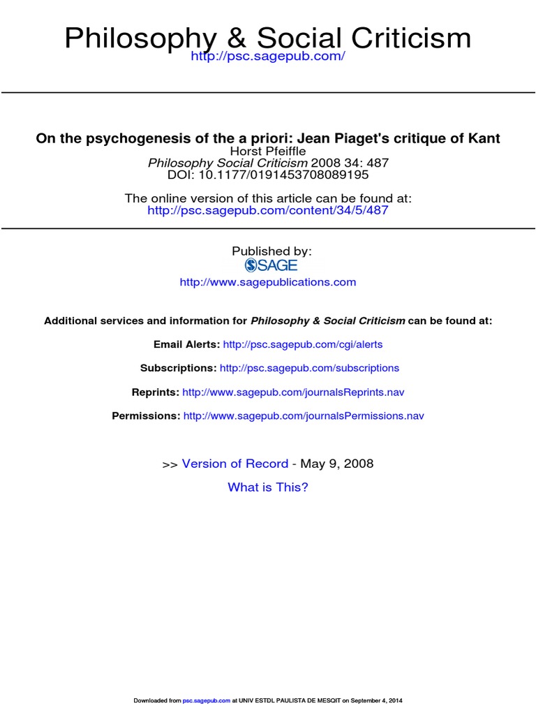 Jean Piaget Critique of Kant PDF | PDF | A Priori And A Posteriori ...