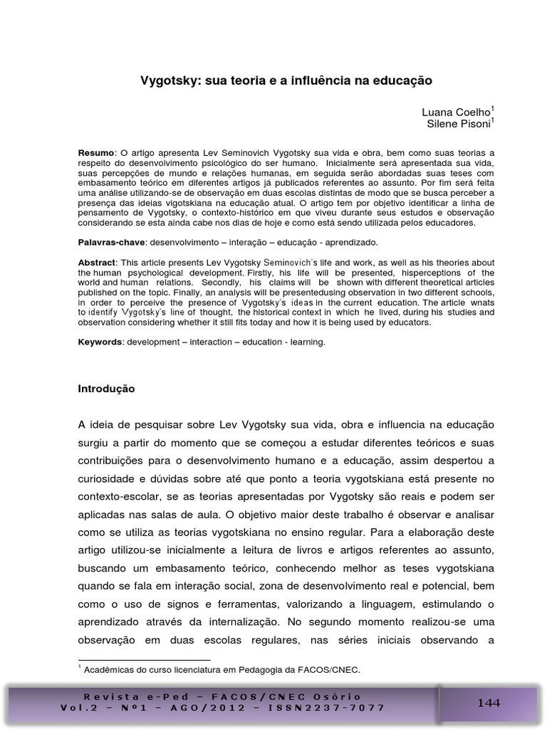 Vygotsky - Sua Teoria e A Influencia Na Educacao | PDF | Aprendizado ...