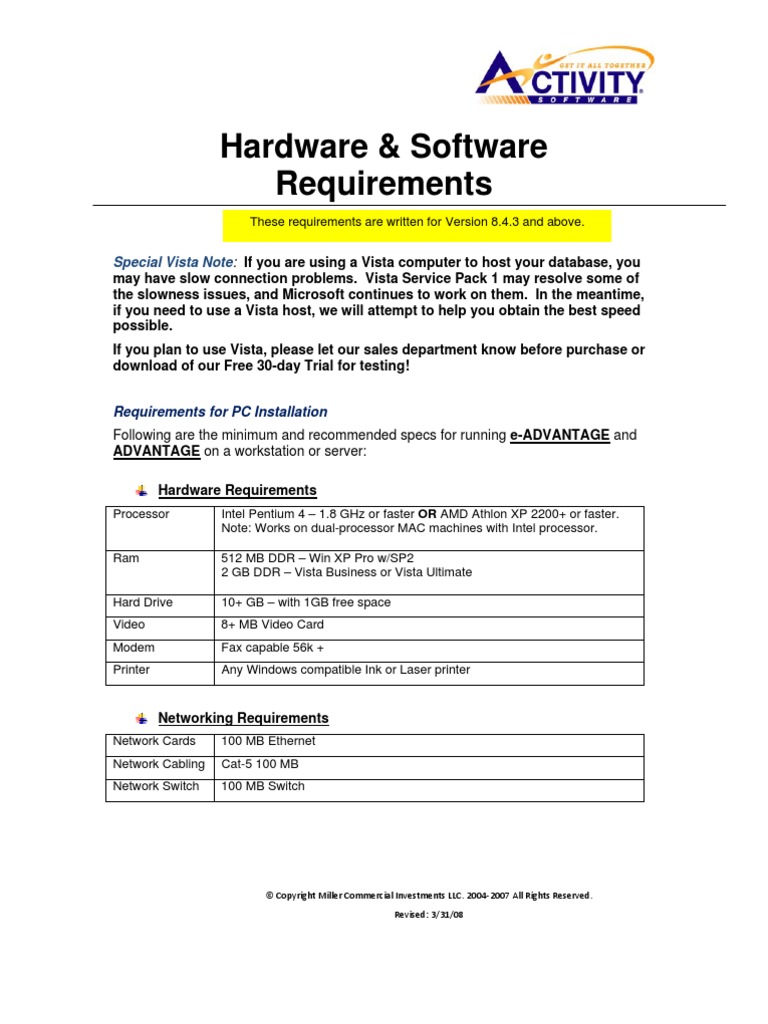 Hardware and Software Requirements Windows Vista Remote Desktop