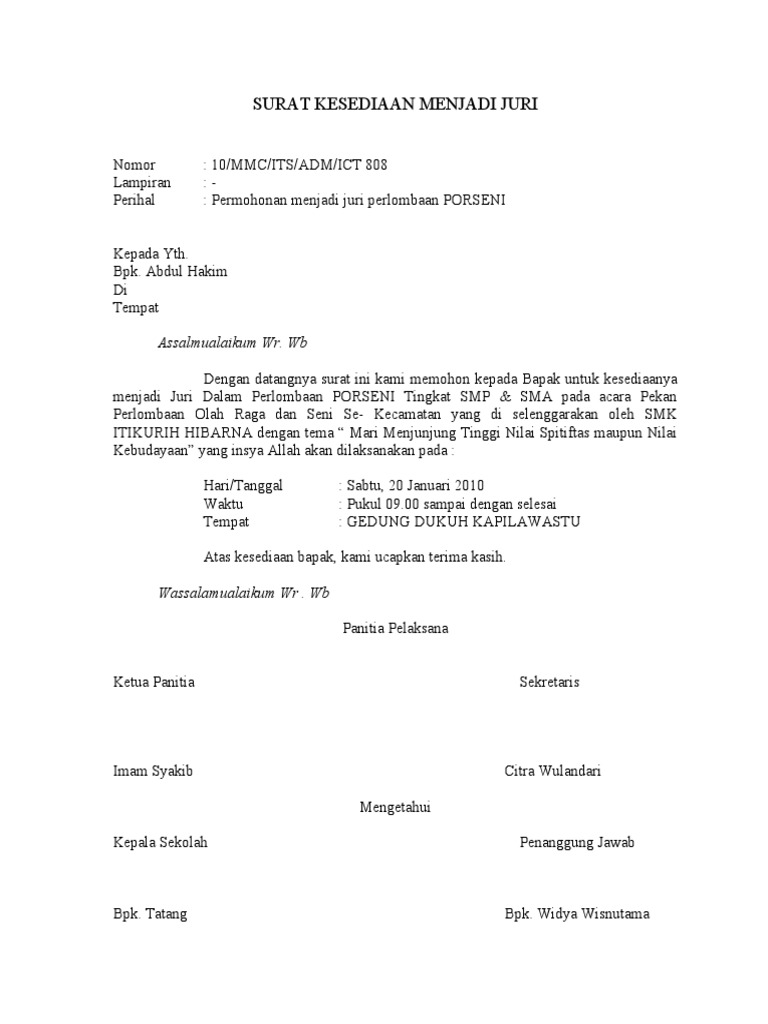 Contoh Surat Undangan Juri Perlombaan