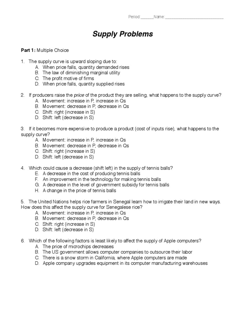 Supply Worksheet 1 PDF PDF Supply (Economics) Microeconomics