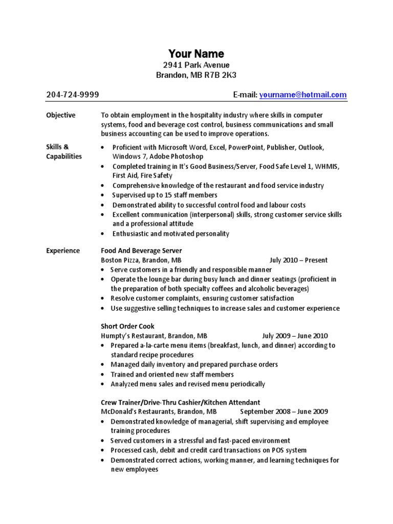 sample resume Restaurants Point Of Sale