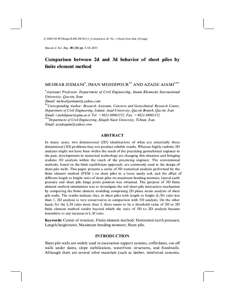 Comparison Between 2d and 3d Behaviour of Sheet Piles by Finite Element ...