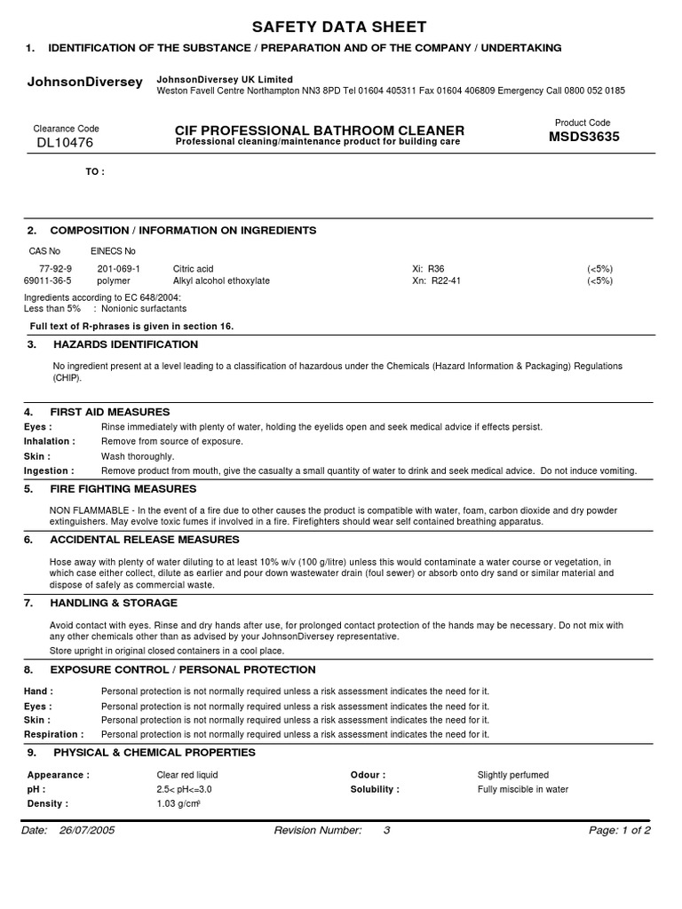 Cif Professional Bathroom Cleaner Safety Chemistry