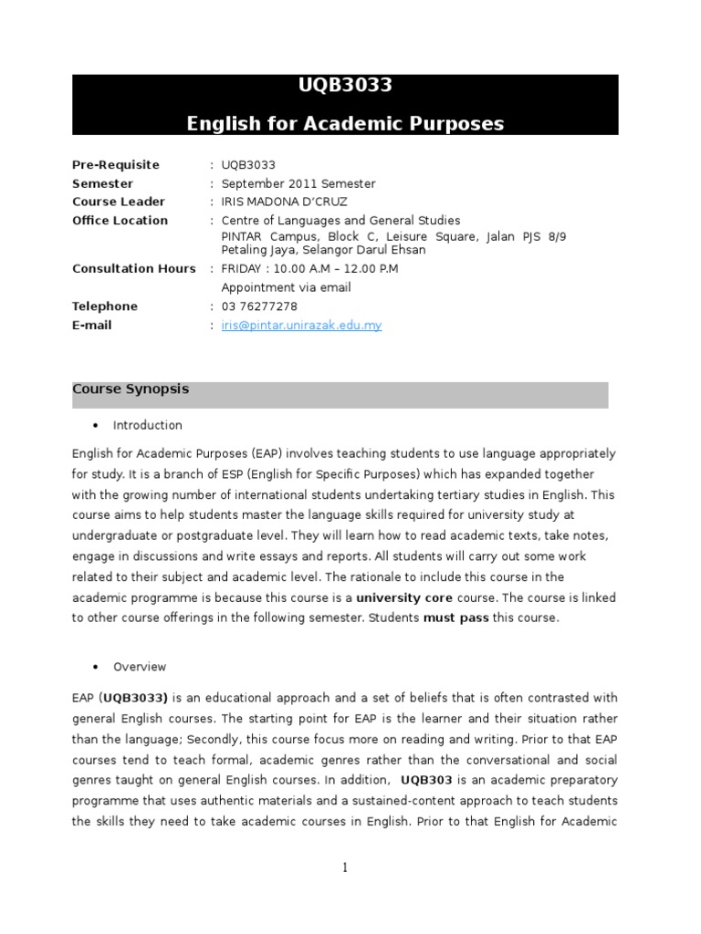 EAP Course Outline UQB3033 | PDF | Paragraph | Essays