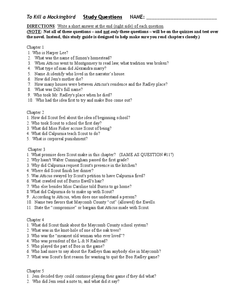 Tkam Study Questions To Kill A Mockingbird Fiction Literature
