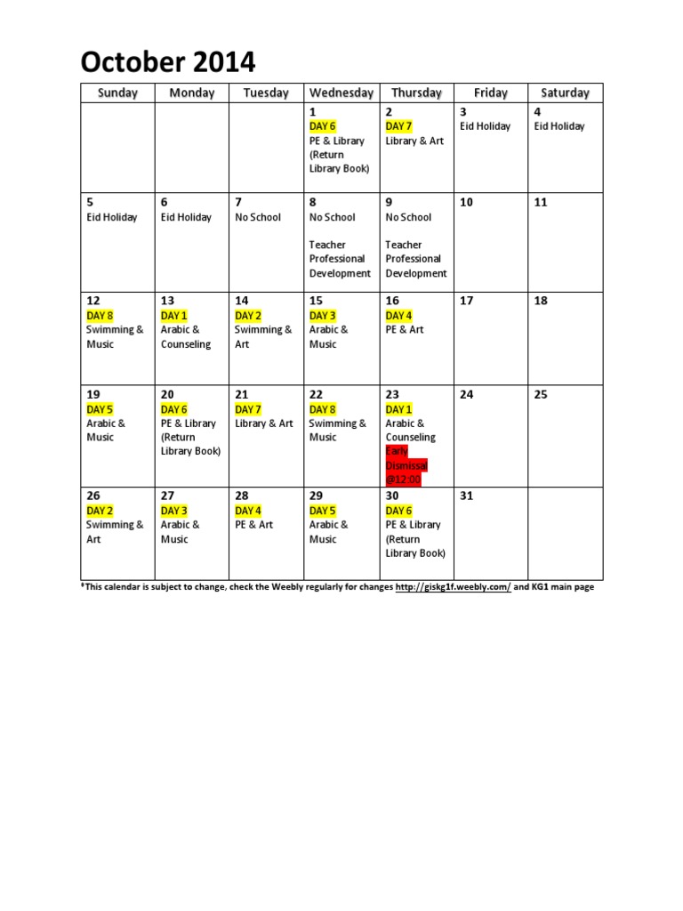 October 2014 School Calendar | PDF | Art