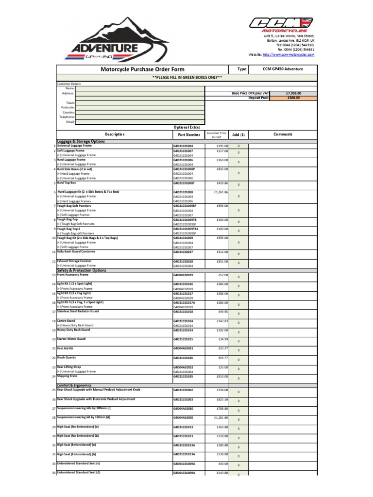 CCM GP450 Adventure Purchase Order | PDF | Wheeled Vehicles | Vehicles