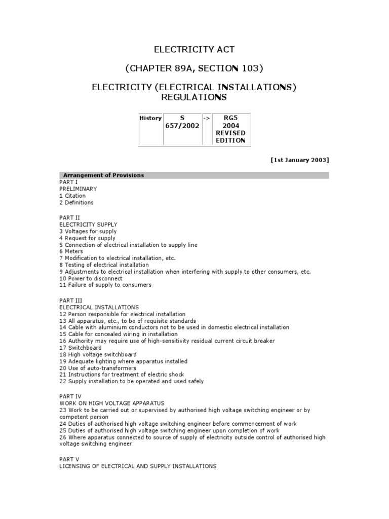 Electricity (Electrical Installations) Regulations Electrical Wiring