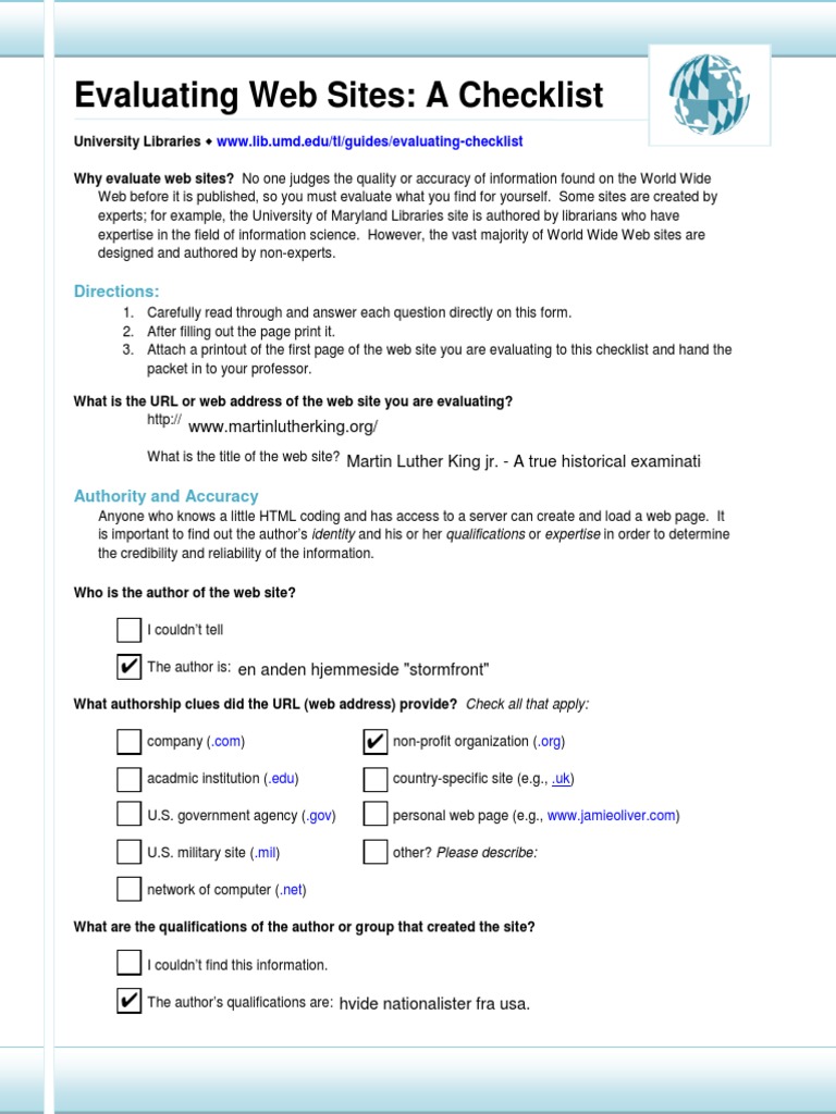 Website Evaluation Checklist Guide | PDF | Websites | World Wide Web