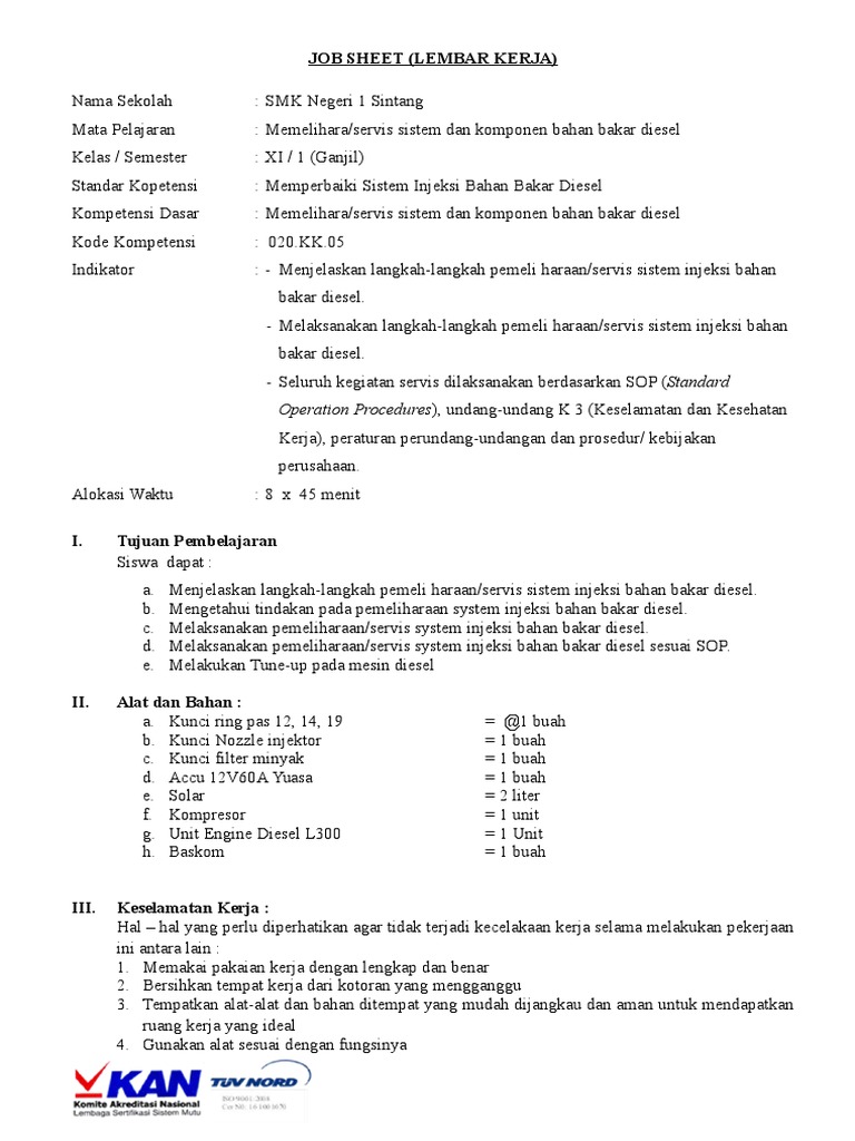 Job Sheet Diesel Tkr Kd 1 Doc