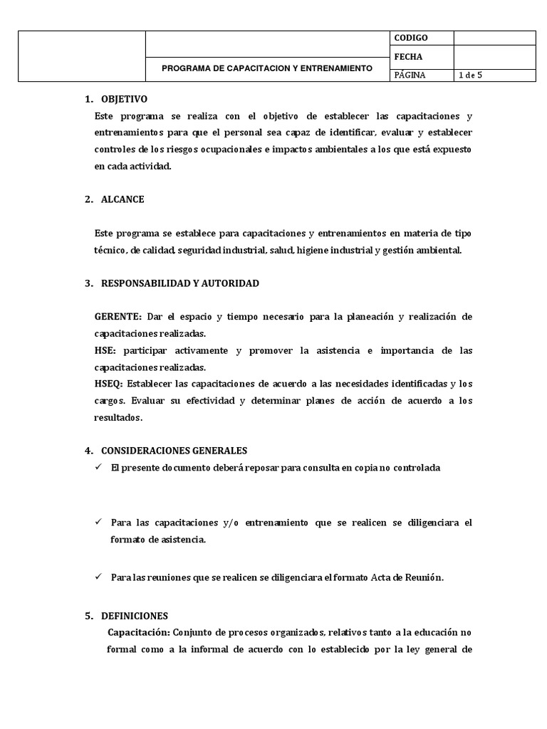Programa de Capacitación y Entrenamiento | PDF | Calidad (comercial ...