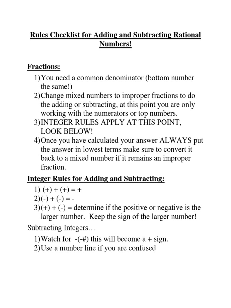 Rules Checklist For Adding and Subtracting Rational Numbers | PDF ...