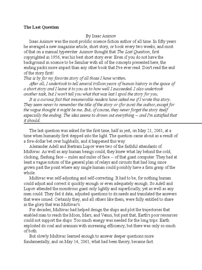 The Last Question by Isaac Asimov PDF Isaac Asimov Entropy