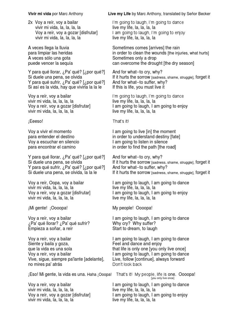 Vivir Mi Vida By Marc Anthony Lyrics In Spanish And English Side By Side