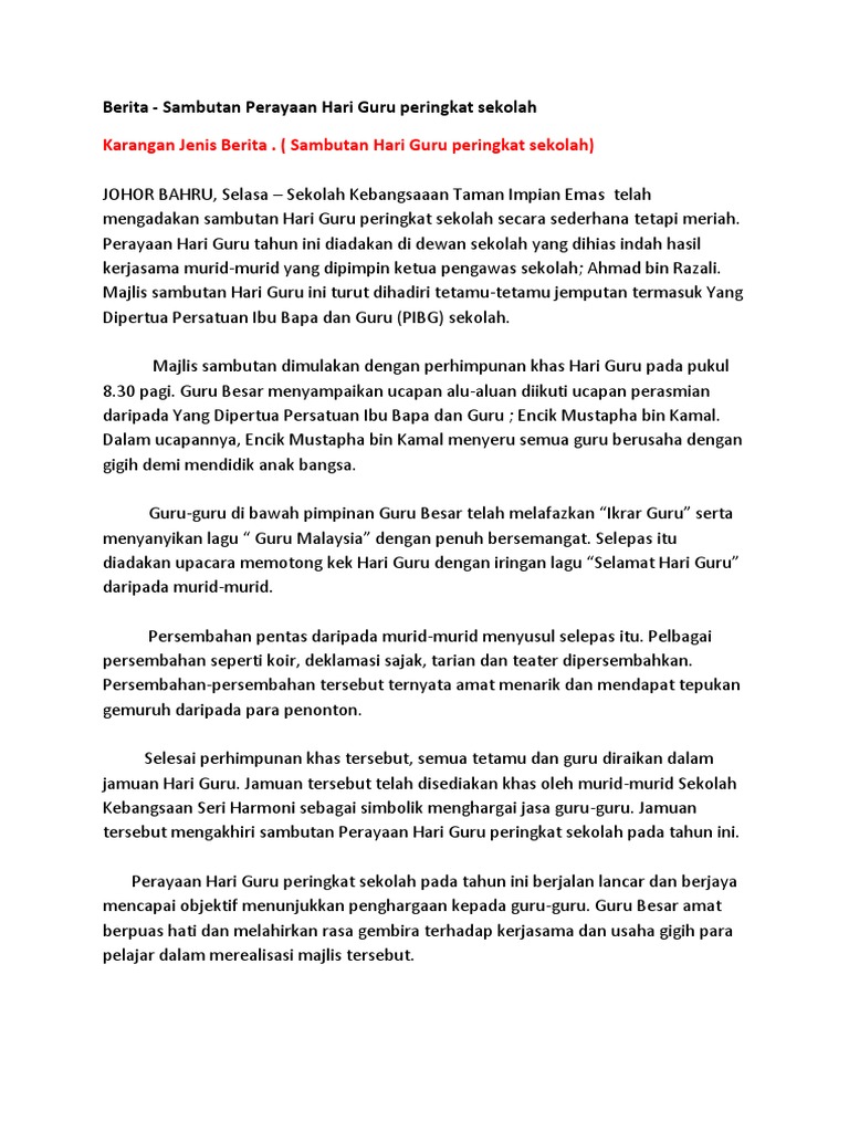 Contoh Karangan Berita Sambutan Hari Guru