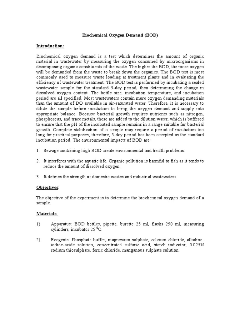 Biochemical Oxygen Demand Analysis Guide | PDF | Wastewater ...