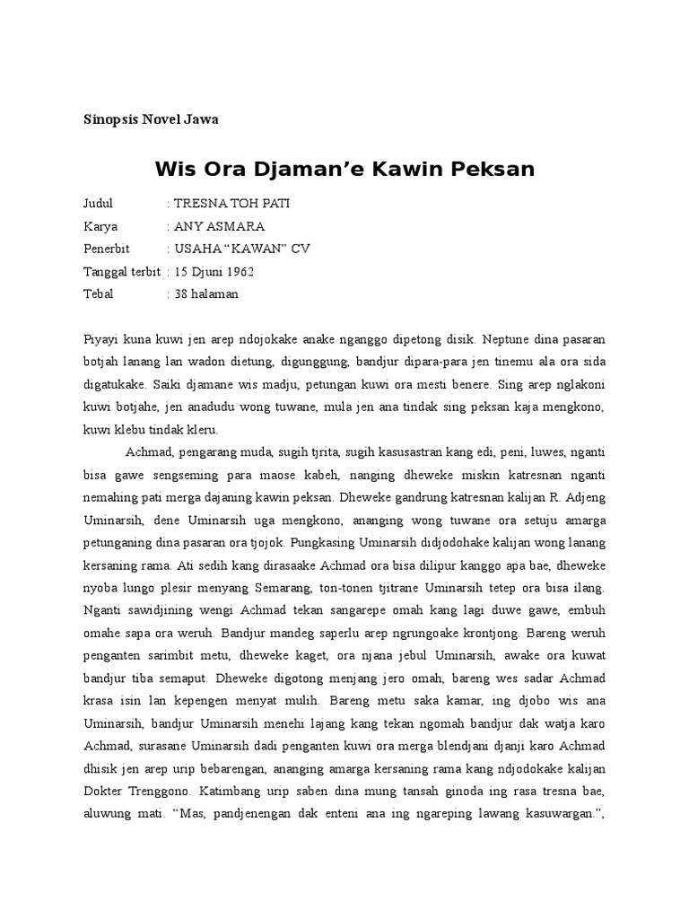 Contoh Sinopsis Novel Bahasa Jawa Singkat Cerpen