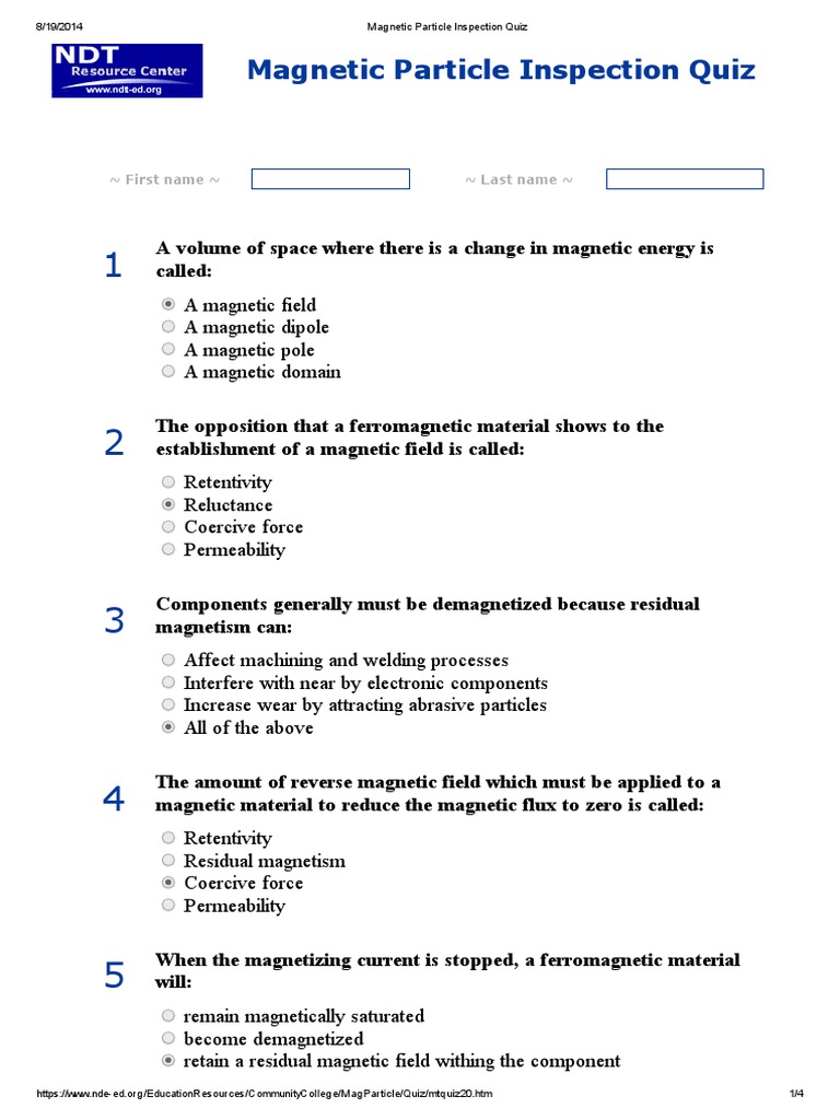 Particle Inspection Quiz PDF Field