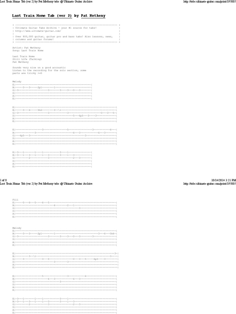 Last Train Home Tab (Ver 2) by Pat Metheny PDF Musicology Musical Compositions