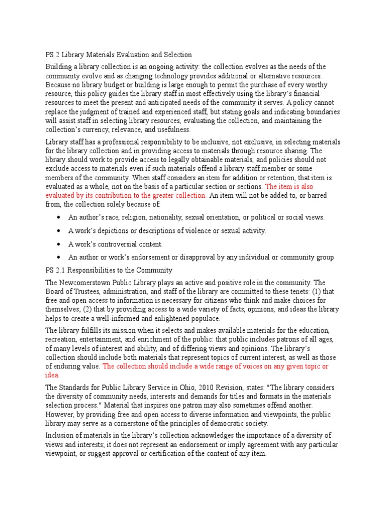 Library Materials Selection Policy | PDF | Public Library | Libraries