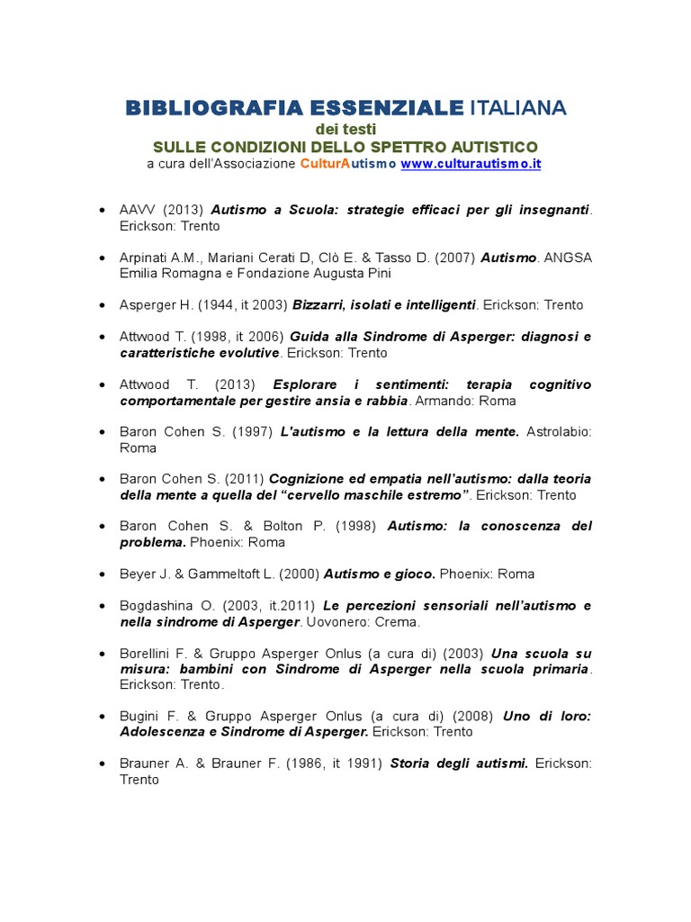 Bibliografia essenziale italiana dei testi sull’autismo e altre