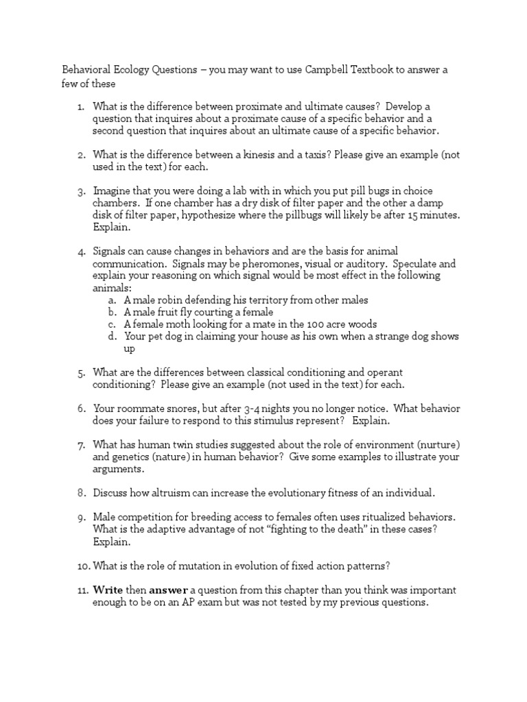Behavioral Ecology Questions | PDF