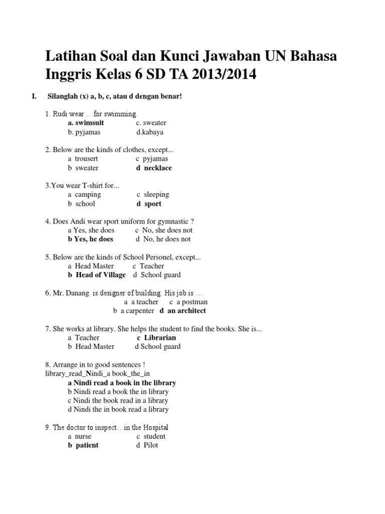 Latihan Soal Dan Kunci Jawaban Un Bahasa Inggris Kelas 6 Sd Ta 2013 Docx Clothing Library And Museum