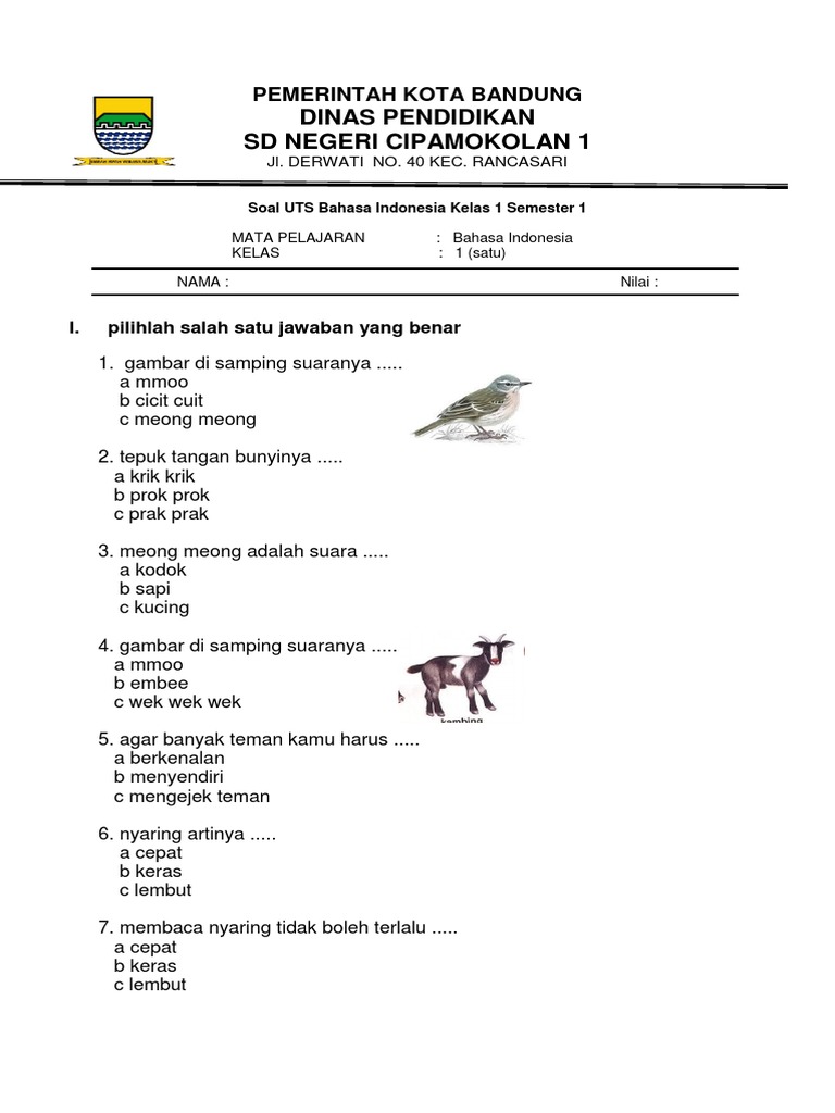 Soal Bahasa Indonesia Ke-1 Kelas 1 | PDF