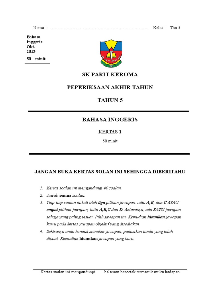 Cover Paper 1 English Year 4 Pdf