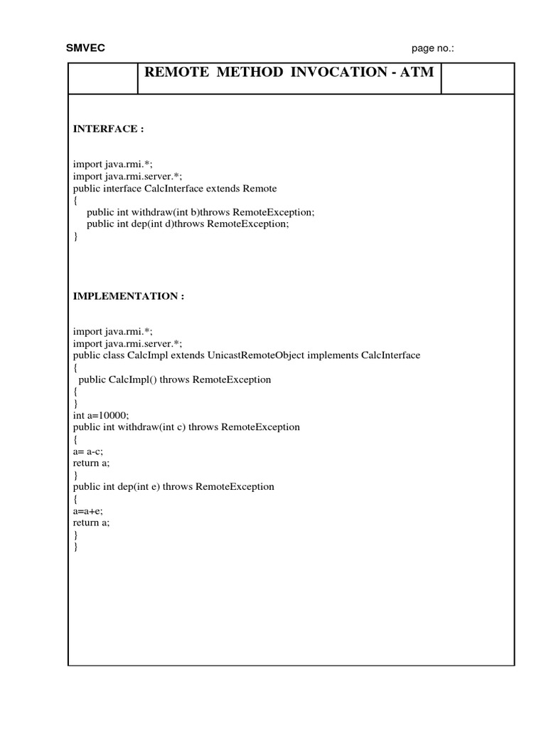 RMI ATM Interface Implementation | PDF